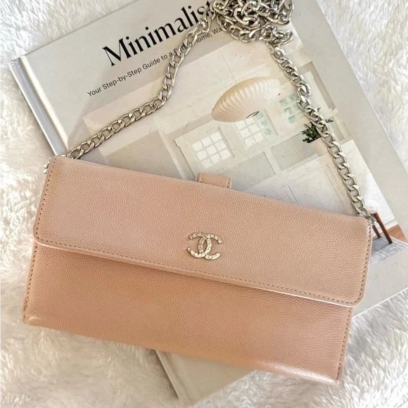 Authentic Chanel Coco Mark Sevruga Caviar Skin Flap Long Wallet On Chain Pink - Picture 2 of 16